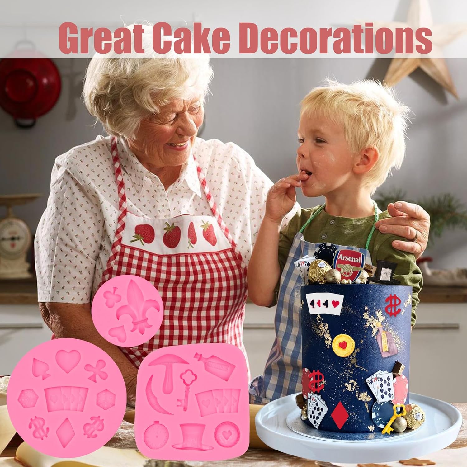 Poker Silicone Molds 3 Pcs, 3D Casino Themed Chocolate Molds Alice Wonderland Hat Fondant Mold for Cake Decoration Candy Cupcake Topper Cake Pop Popsicle Birthday Party Polymer Clay Crafts