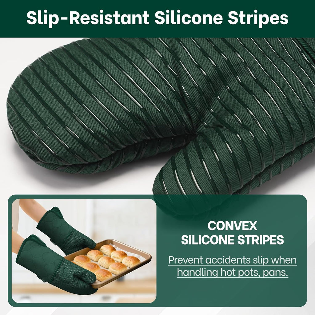 Beneno Kitchen Oven Mitts 2-Pack Heat Resistant to 500°F with Non-Slip Silicone Grip, Extra Long 14.3" Forearm Protection, Soft Quilted Cotton Terry Lining, Ideal for Cooking, Baking, Grilling, Green