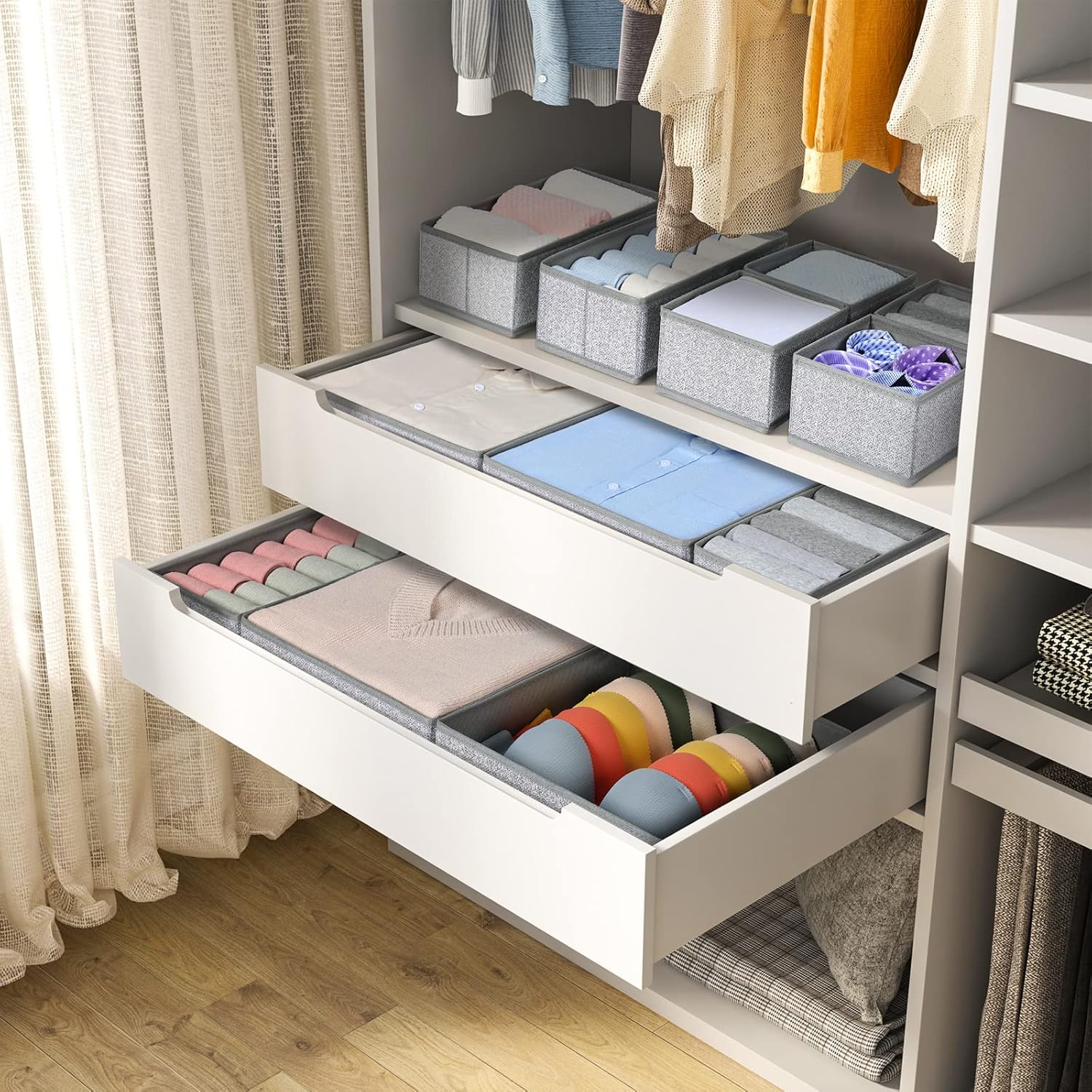 DIMJ Drawer Organizers - 12 Pack Foldable Closet & Sock Organizers, Fabric Dresser Drawer Dividers for Clothes, Underwear, Bras, Socks