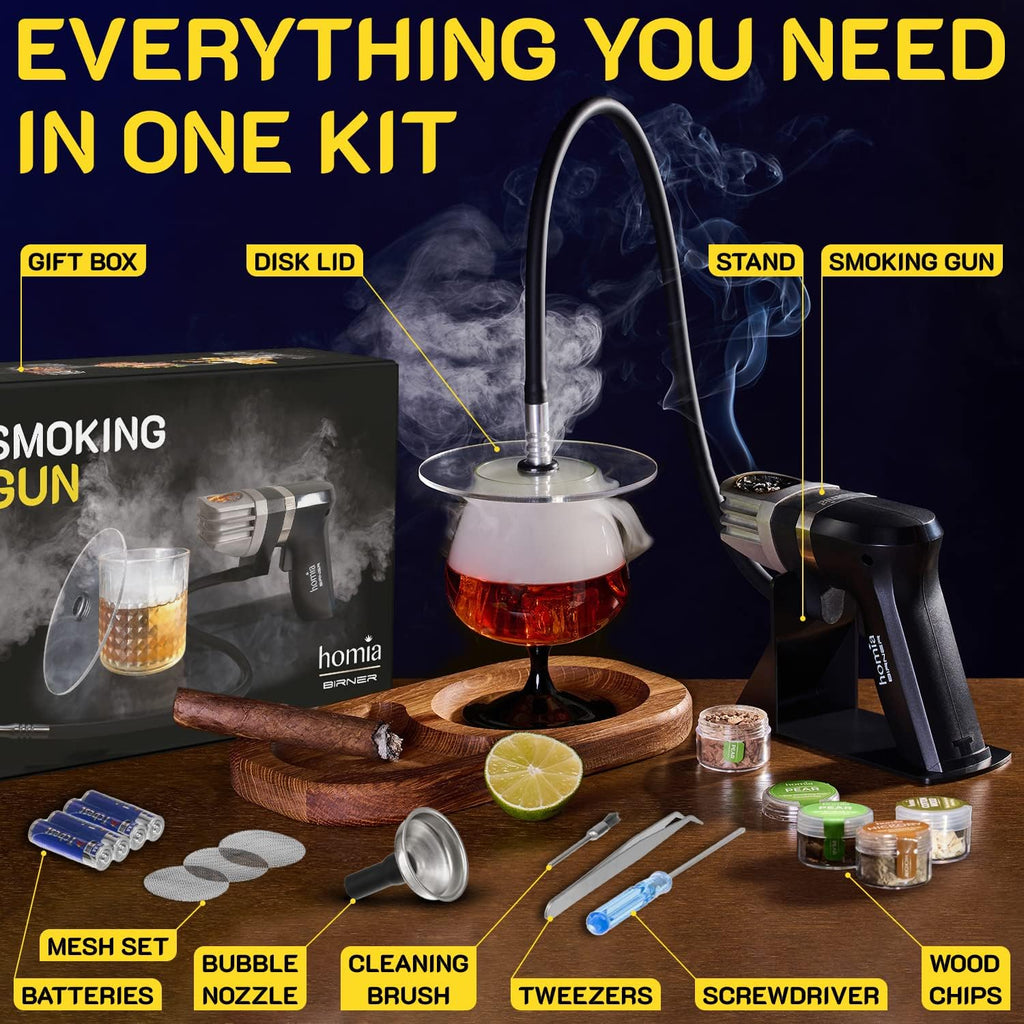 Cocktail Smoker Kit - Whiskey Smoker Kit - Smoke Infuser Birner PRO - Starter Kit, 11 PCS, with Accessories and Wood Chips - Indoor Smoker - Gift for Men