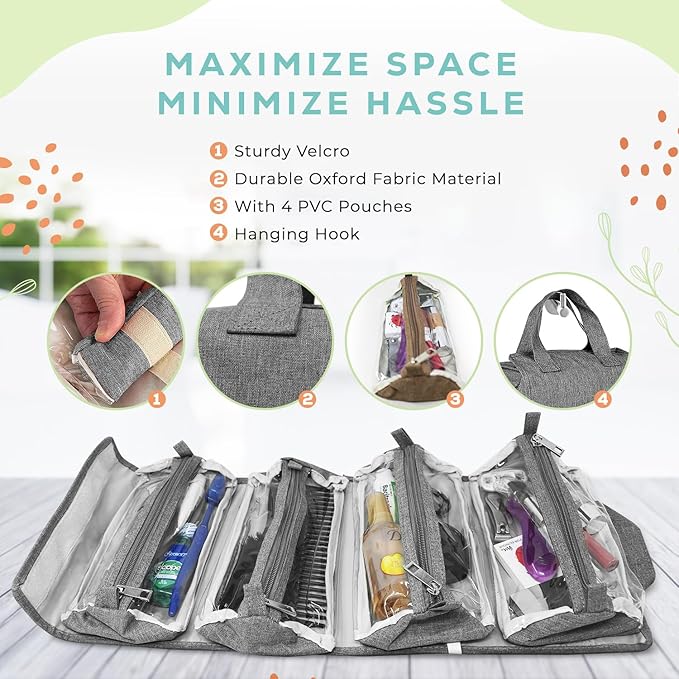 4-in-1 Hanging Toiletry Bag | Roll-up Makeup Organizer With 4 Detachable PVC Zip Pouches| Travel Toiletry Bag, 600D Oxford Fabric Material Organize Make up, Cosmetics