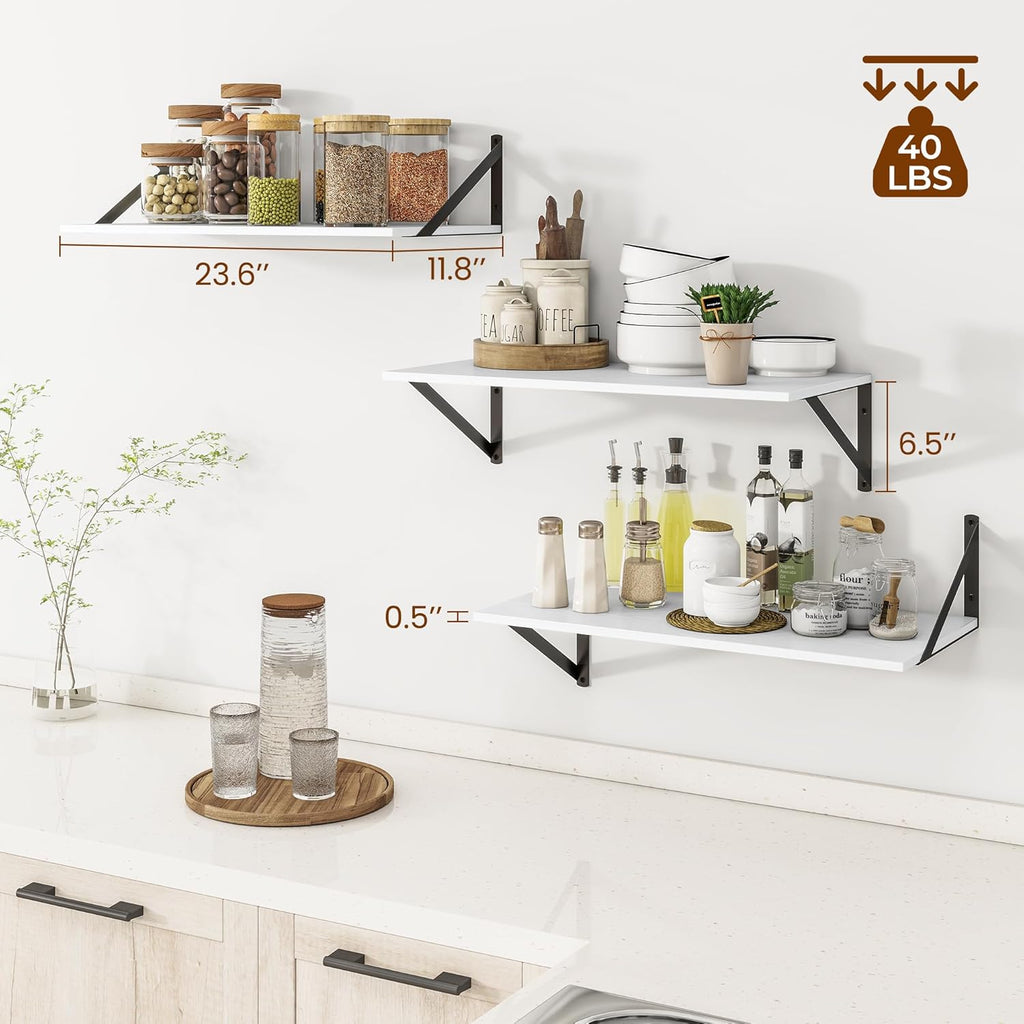 Heimlove 24" W x 12" D Wall Shelves for Books, 12 Inch Deep Floating Shelves Set of 3, Wide Floating Bookshelf with Metal Bracket for Living Room, Kitchen, Office, Bedroom and Decor Storage - White