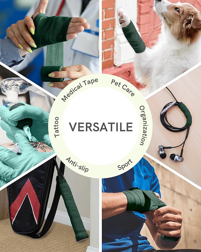 FriCARE Self Adhesive Bandage Wrap, Medical Tape in First Aid Kit, Cohesive Bandages for Wounds Sport Vet, FSA/HSA Eligible, 2 Inches X 5 Yards 6 Rolls, Hunter Green