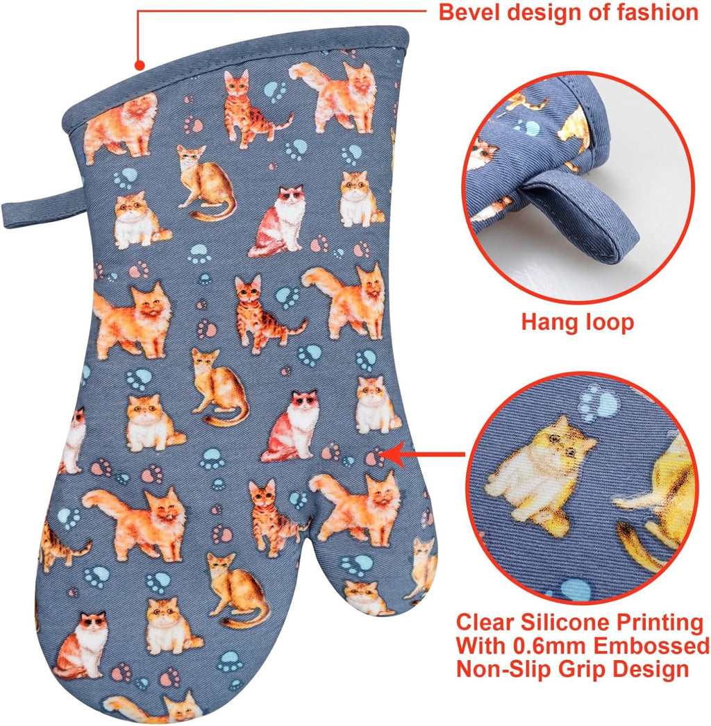 Oven Mitts Gloves 1 Pair Heat Resistant 480 ℉ Non Slip Clear Silicone Printed Cat Comfortable Cotton Lining Kitchen Men Cooking Barbecue Machine Washable (Cat, Blue Mitts)