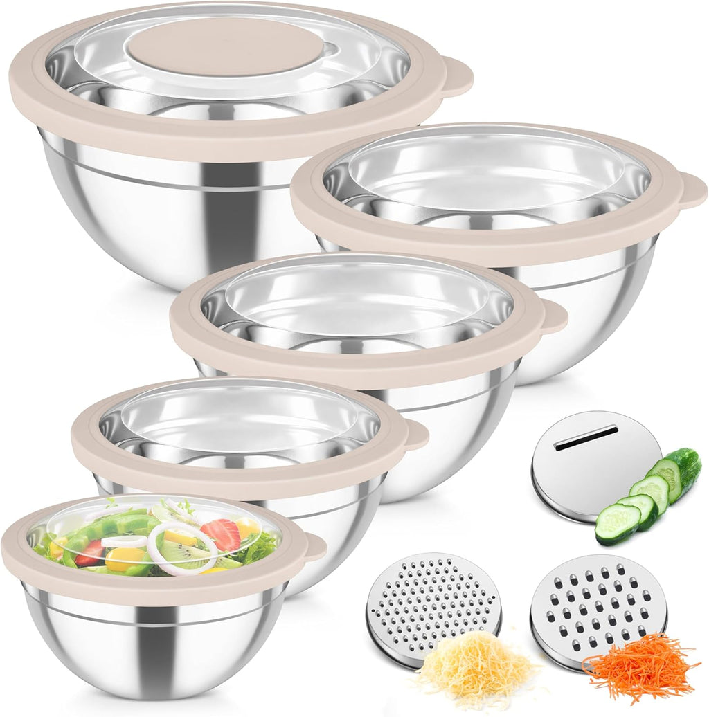 TeamFar Mixing Bowls, Stainless Steel Salad Serving Bowl with Clear Lids & 3 Graters, For Kitchen Cooking Prepping Storing, Size 4.6/2.6/1.5/1/0.7 QT, Nesting & Airtight, Set of 5 & Khaki