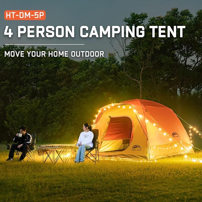 Happy Travel Camping Tent, 4 Person Dome Tents for Camping with Rainfly, Waterproof Clip Easy Setup Portable Family Tent with Mesh Windows, 20% More Headroom Backpacking Tents for Camping & Hiking