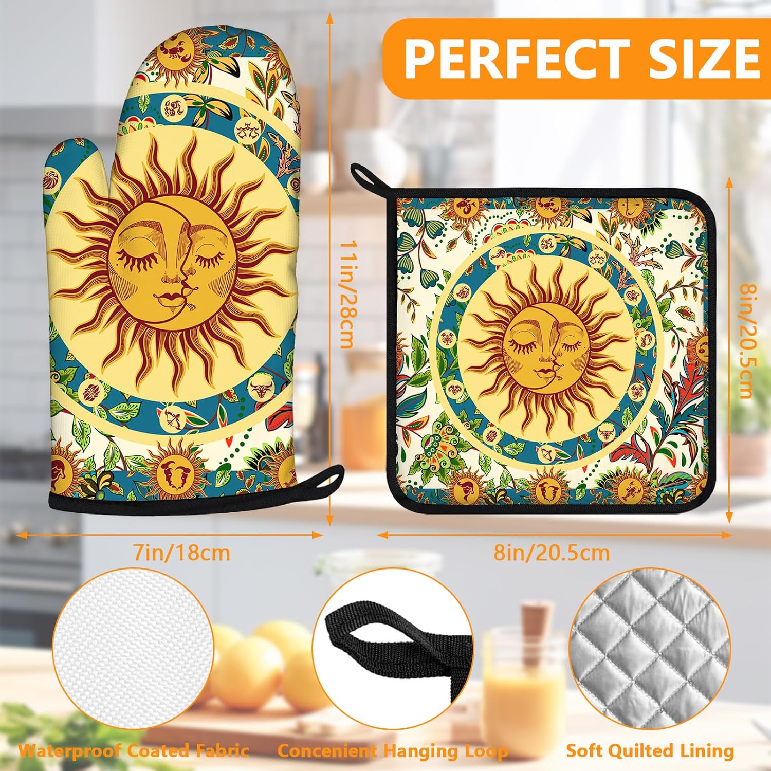 Sun and Moon Oven Mitts and Pot Holders Sets 4Pcs,Extra Long Oven Gloves Potholder for Kitchen Cooking Baking BBQ 100% Cotton Heat Resistant