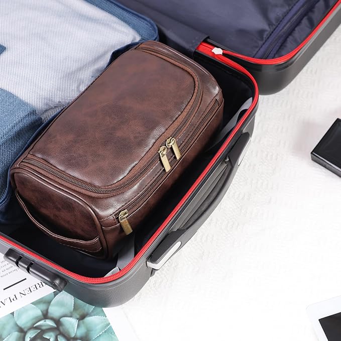 Toiletry Bag for Men, Hanging Travel Shaving Dopp Kit for Men and Women, Water-resistant Toiletries Organizer Bags, PU Leather Cosmetic Bags for Makeup Accessories (Dark Coffee)