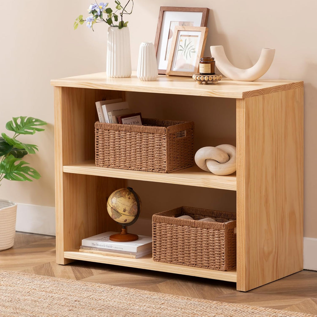 UBBCARE 2 Pack Wicker Basket, 13.4L×8.3H×7.1W inch Woven Paper Rope Storage Baskets for shelves, Foldable Rectangular Storage Baskets with Handle, Storage Basket for Organizing, Caramel