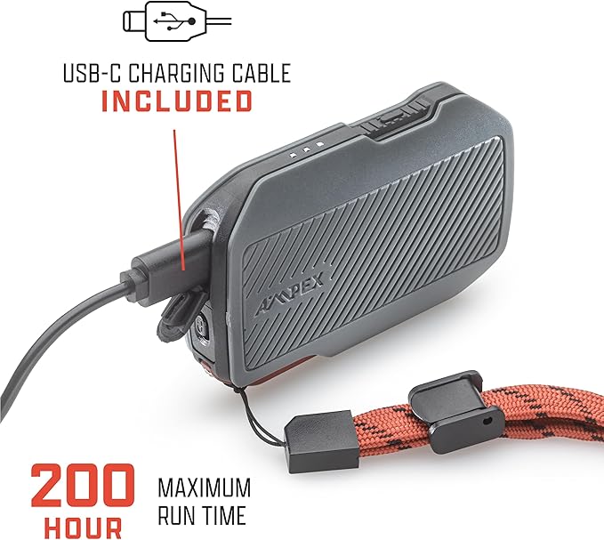 AMPEX Rechargeable Flashlight | 300 Lumen LED Flashlight, Waterproof, Red Mode, USB-C, Essential Camping Accessories with Tactical 200h Runtime