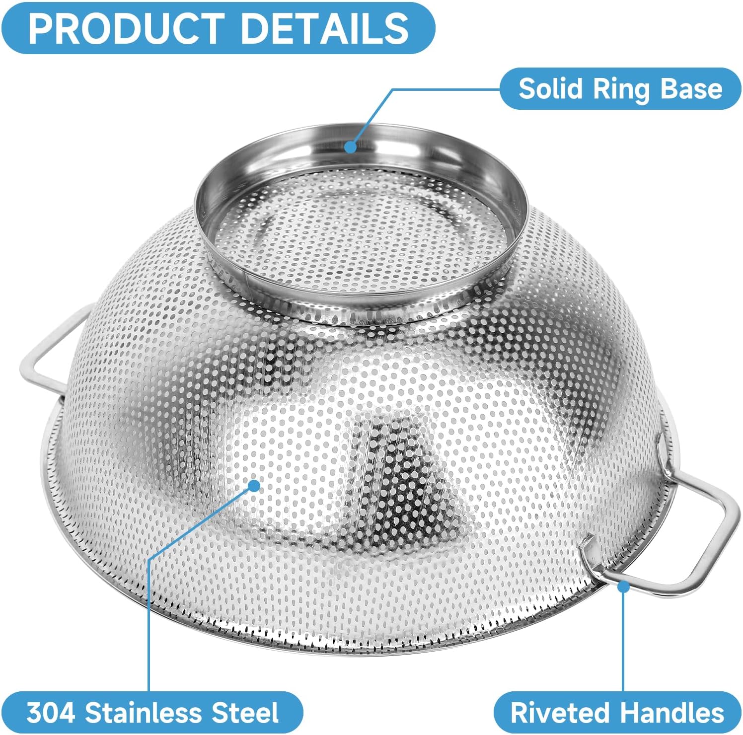 2PCS Colander for Kitchen, 3QT and 5QT, Stainless Steel Colander Strainer with Handle for Fruits Vegetables Cooking Food, Dishwasher Safe
