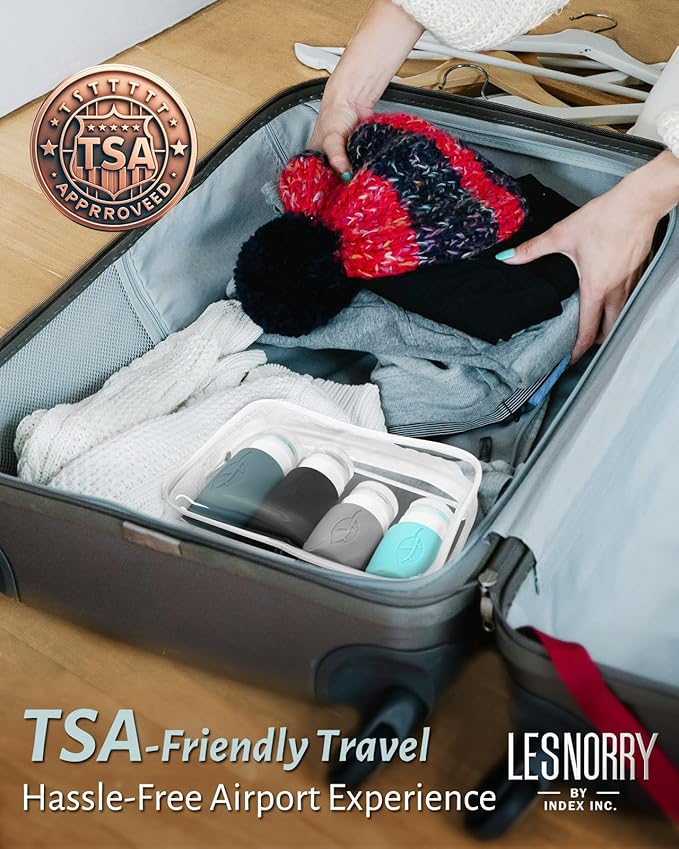 17-Pack Triple-Sealed Unique Leak-Proof Design Premium Silicone Travel Bottles for Toiletries TSA-Approved Transparent Carry Bag Easy-to-Read Labels for Business Trips/Camping/Adventure