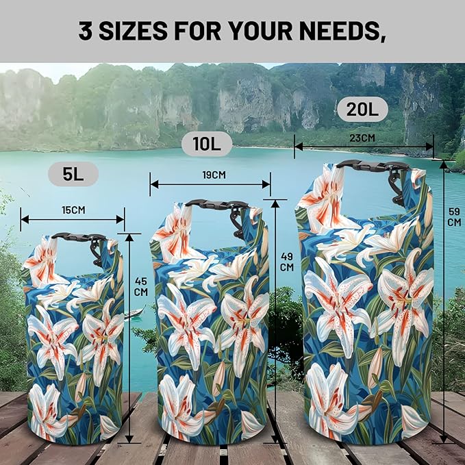 Waterproof Dry Bag,Roll Top Flowers Lily Waterproof Backpack 5L/10L/20L Floating and Lightweight Bags for Kayaking, Boating, Fishing, Swimming and Camping with Waterproof Phone Case