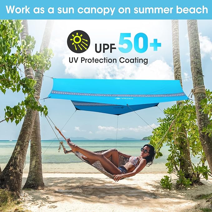 VILLEY Waterproof Hammock Tent Rain Fly, Octagonal Camping Tarp, Sun Shelter for Camping, Backpacking, Hiking, Accessory Includes Stakes, Ropes and Carry Bag (Blue)