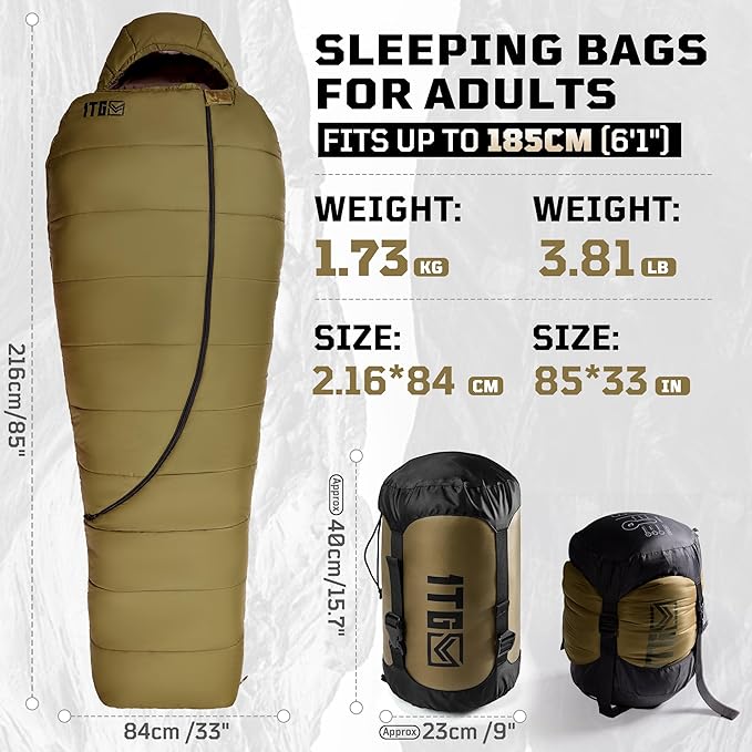 Sleeping Bag for Adults, Warm Weather Camping Mummy Sleeping Bags (25-36℉) with Adjustable Hood, Phone Pocket & Compression Sack for Hiking Travel Hunting