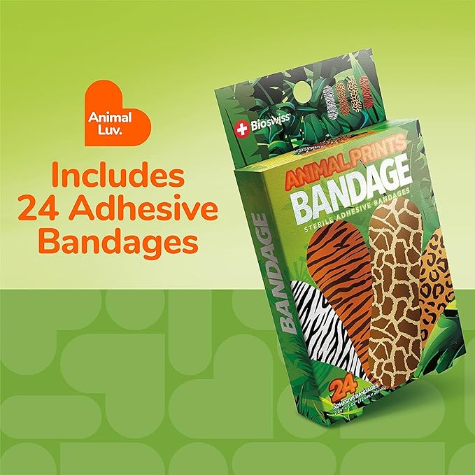 BioSwiss Bandages, Animal Prints Self Adhesive Bandage, Leopard, Zebra, Giraffe, and Tiger Print Designs, Latex Free Sterile Wound Care, Standard Shape for Kids and Adults, 24 Count