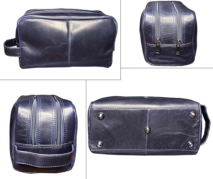 RUSTIC TOWN Leather Toiletry Bag for Men - Travel Shaving Dopp Kit - Bathroom Shower Toiletries Organizer - Leather Cosmetic Bag for Women (Oxford Blue)