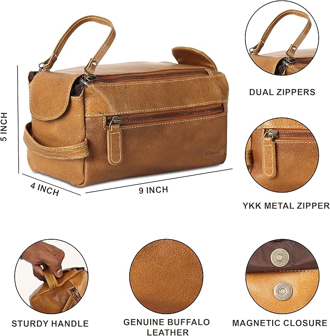 KomalC Premium Buffalo Leather Unisex Toiletry Bag Travel Dopp Kit