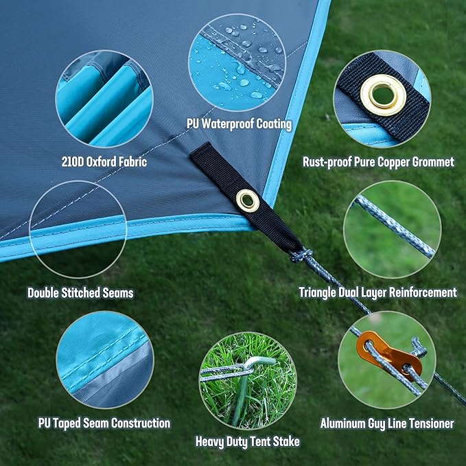 VILLEY Camping Tarps for Tents, Portable Waterproof Hammock Rain Fly, Easy Set Up Camping Shelter Sunshade Canopy for Outdoor Fishing, Backpacking, Hiking, Survival Gear- Heptagonal, Blue