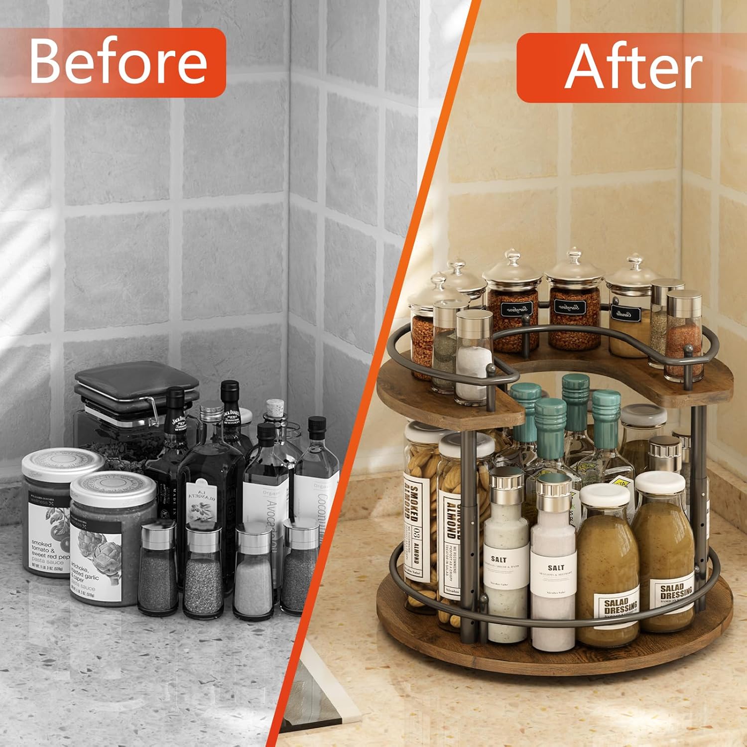 2 Tier Lazy Susan Organizer,2-Tier Spinning Spice Rack with Stable Carousel Base & 4 Height Settings for Cupboard Kitchen Countertop Dining Table Cupboard (Round)