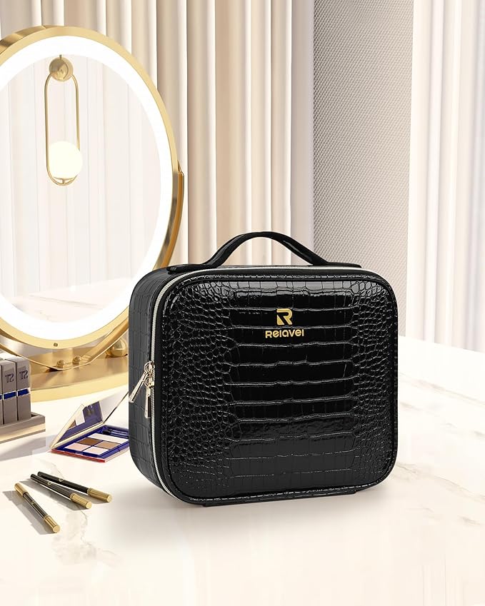 Relavel Travel Makeup Case, Train Case Makeup Brush Organizer, Professional Makeup Artist Makeup Bag, with Adjustable Partition and Shoulder Straps (Crocodile, Small)