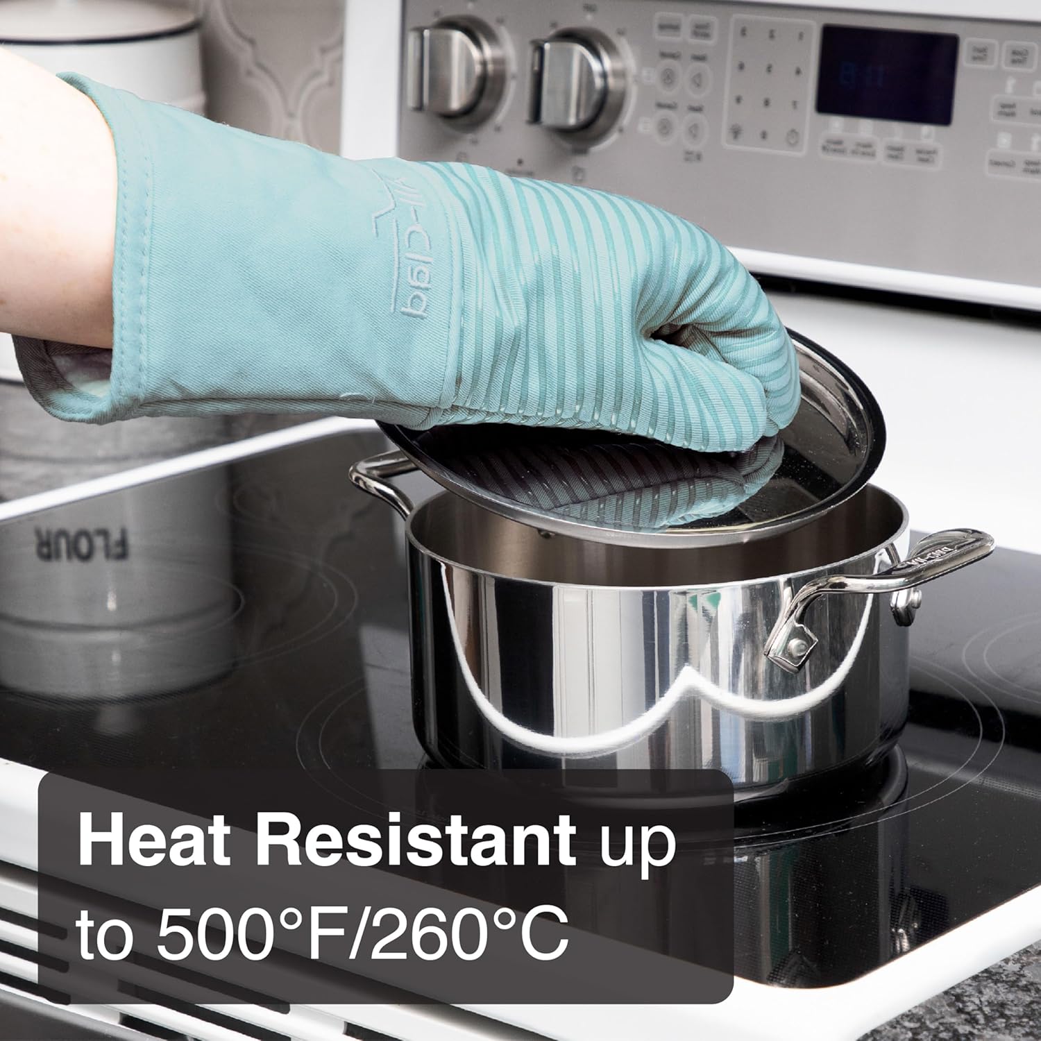 All-Clad Silicone Oven Mitt: Heat Resistant up to 500 Degrees - 100% Cotton & Silicone, 14"x7" Oven Mitt for Kitchen and Barbeque, 1-Pack, Rainfall