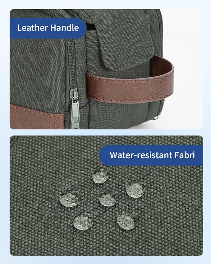 WANDF Toiletry Bag for Men Travel Toiletry Organizer Canvas and Leather Dopp Kit Water-Resistant Shaving Bag for Travel Accessories (Green, Patent Pending)