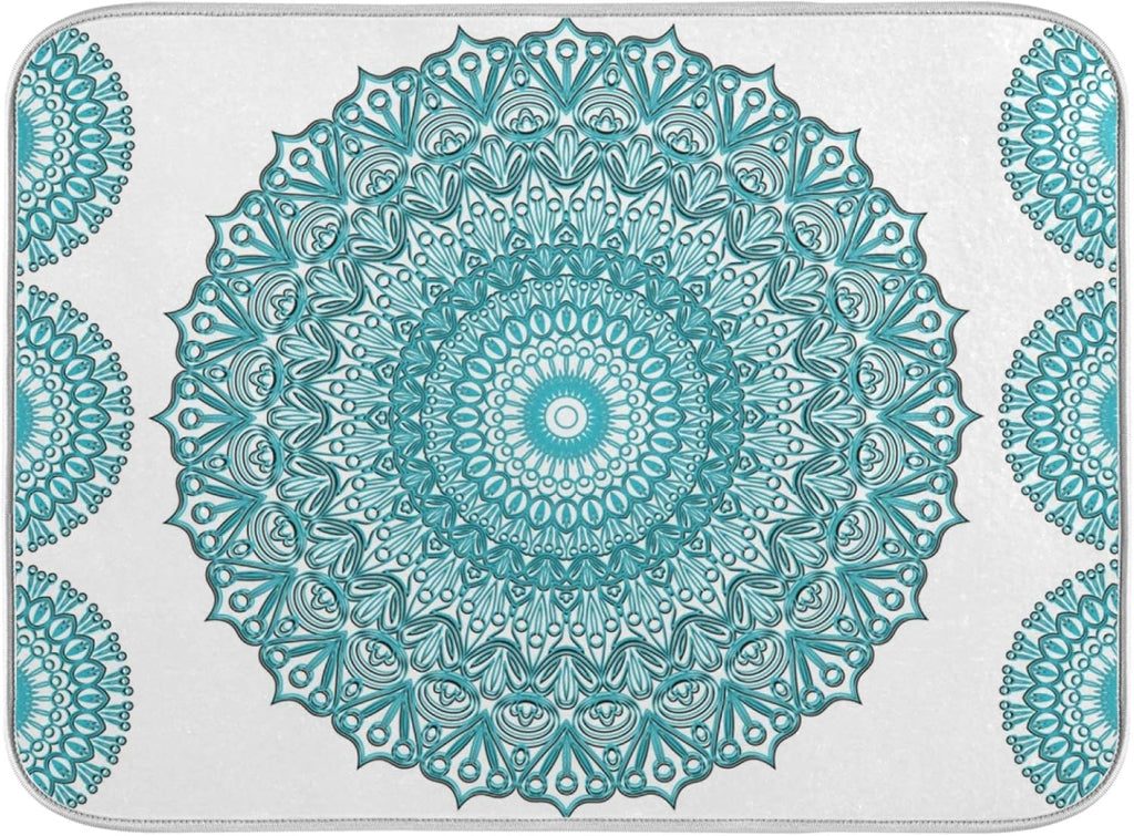 Super Absorbent Dish Drying Mat, Microfiber Fast-Drying Dish Mat, 16" x 18", Kitchen Dish Drying Pad, Boho Ethnic Turquoise Mandala
