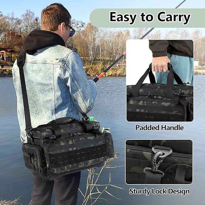 Waterproof Fishing Tackle Bag with Waterproof EVA Bottom (No Tackle Boxes in Package), Soft Tackle Box Storage Bag with Rod Holder, Pliers Storage for Fishing