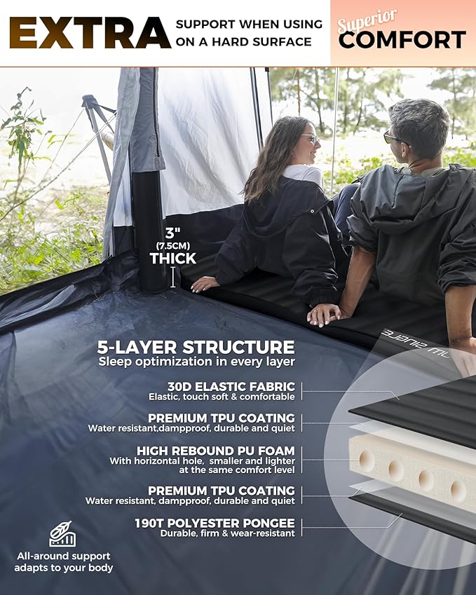 KingCamp Sleeping Pad for Camping, Self Inflating R 9.5 Sleeping Pad for All Seasons, 3" Thick Camping Mattress Mat for Outdoor Tent Cot Car Backpacking, PVC Free (Black)