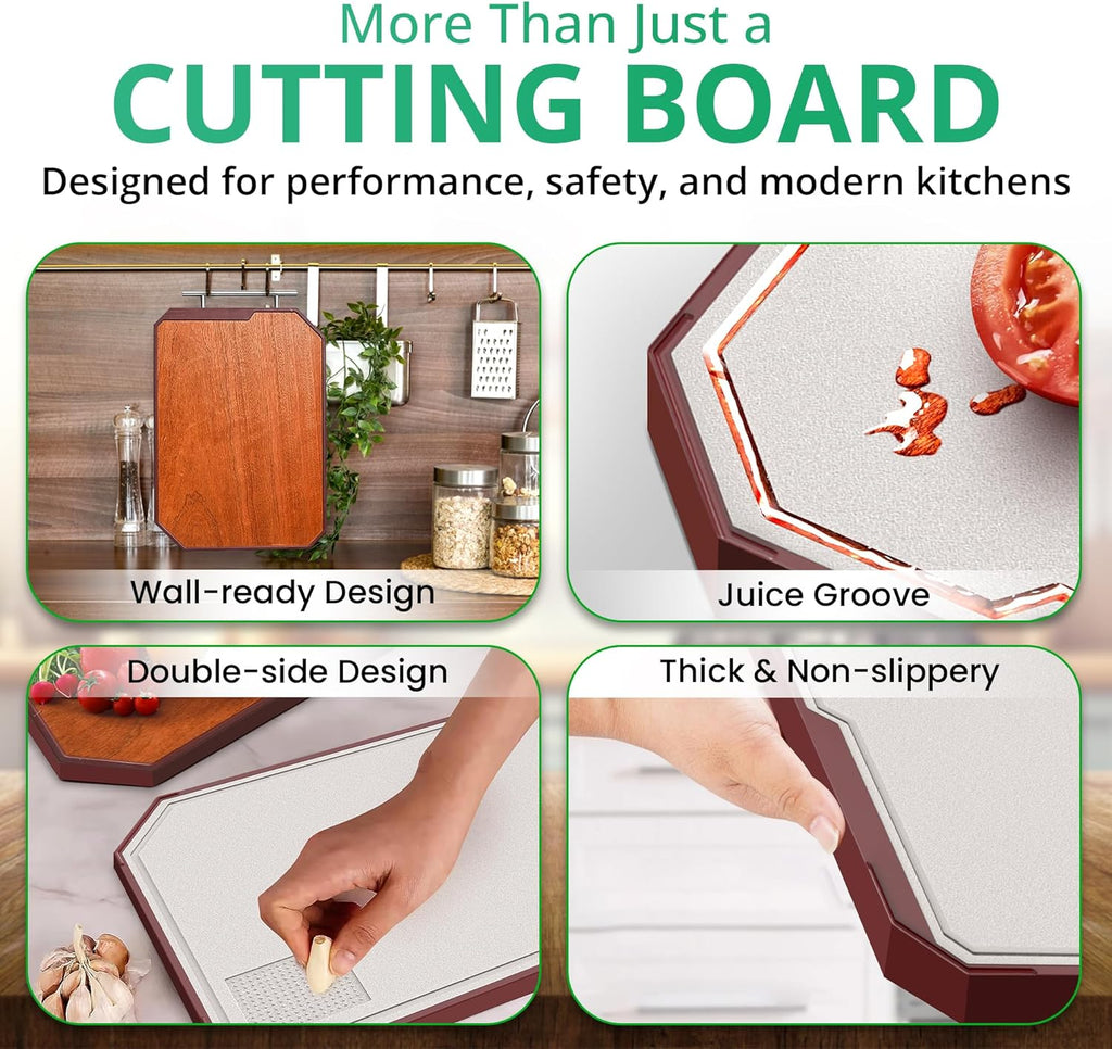 Large 2-Sided Cutting Board for Kitchen Meal Prep & Serving – Organic Wooden & Wheat Straw Chopping Board with Juice Groove, Handle | Dishwasher Safe Steak & Cheese Board | Ideal Gift for Couples
