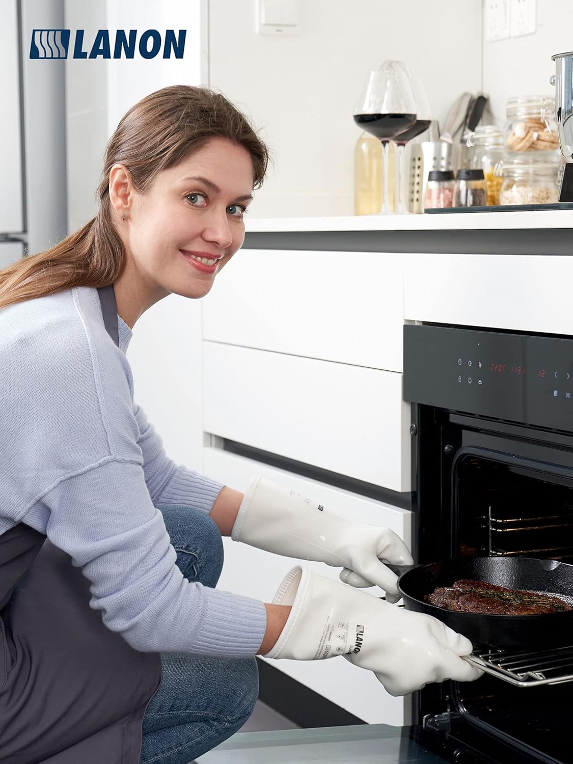 LANON Liquid Silicone Gloves, Heat Resistant Oven Gloves with Fingers, Food Grade, Waterproof, White, XL