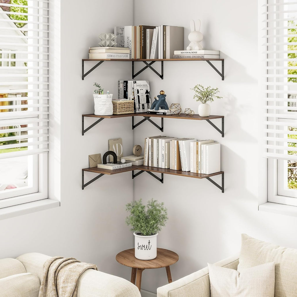 Heimlove 24" W x 12" D Wall Shelves for Books, 12 Inch Deep Floating Shelves Set of 3, Wide Floating Bookshelf with Metal Bracket for Living Room, Kitchen, Office, Bedroom and Decor Storage - Walnut