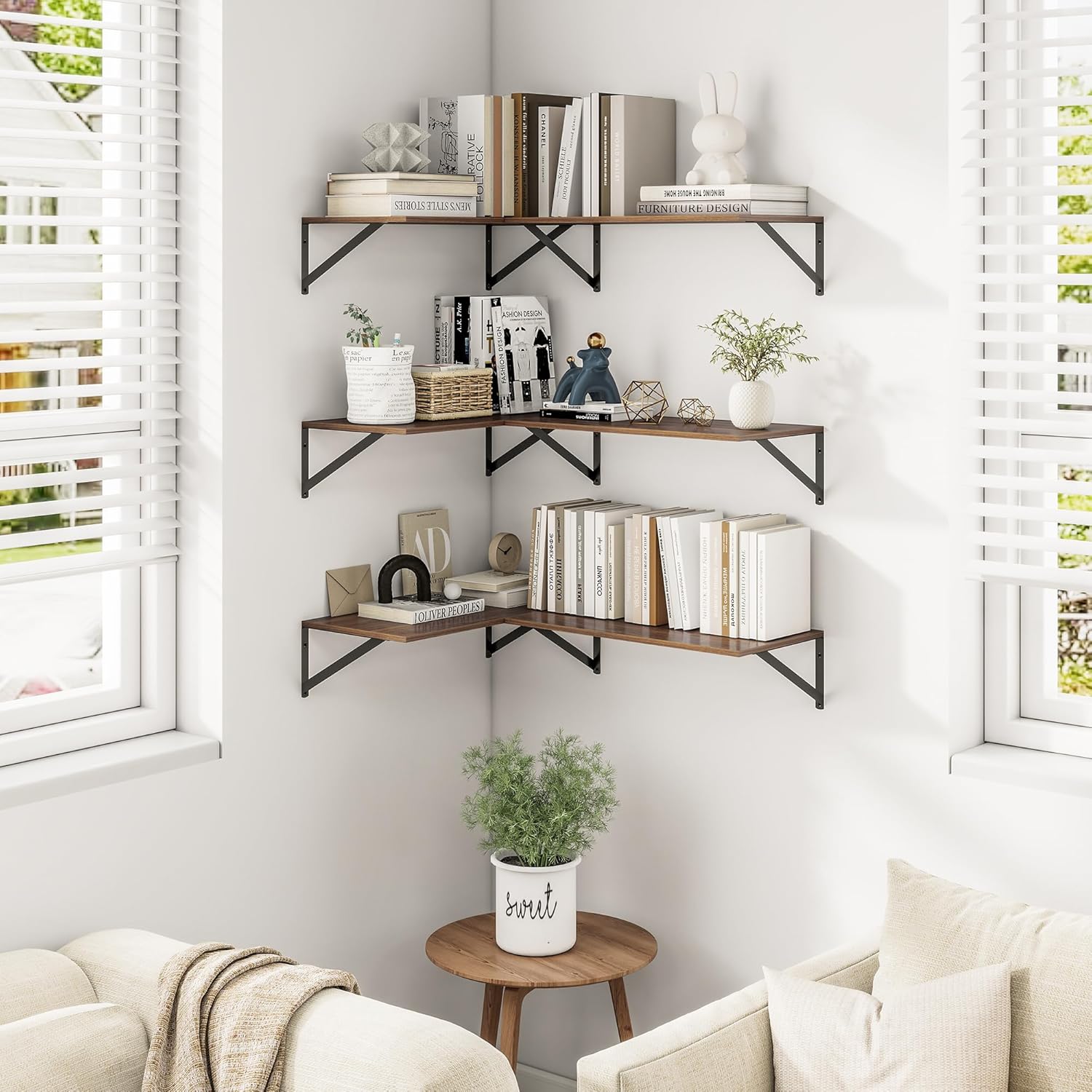 Heimlove 24" W x 12" D Wall Shelves for Books, 12 Inch Deep Floating Shelves Set of 3, Wide Floating Bookshelf with Metal Bracket for Living Room, Kitchen, Office, Bedroom and Decor Storage - Walnut