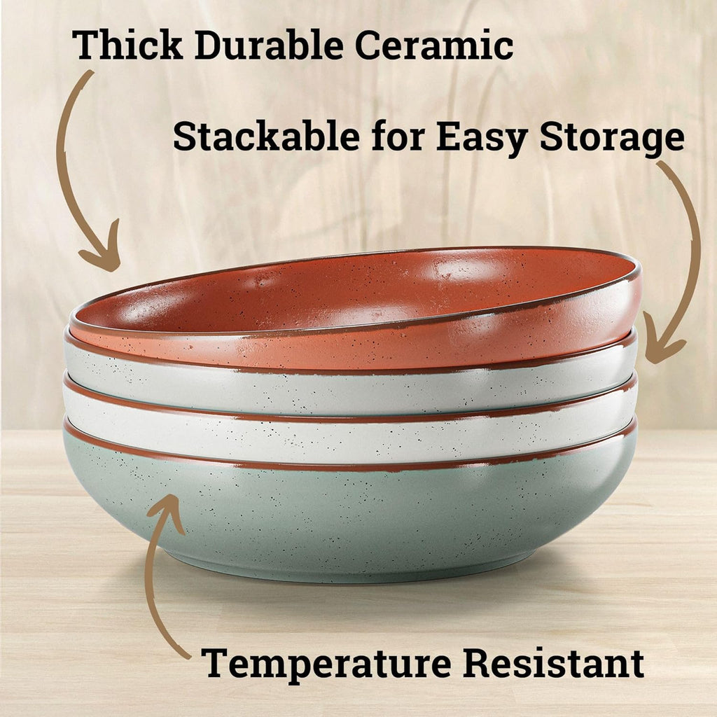 Pasta Bowls Set of 4 - Large 30 oz Bowls - Stylish Ceramic Plates - Safe for Oven, Microwave & Dishwasher - Salad Bowl Set of 4 - Pasta Bowl Plates - Deep Plate with Lid Edge - Blates Dinnerware