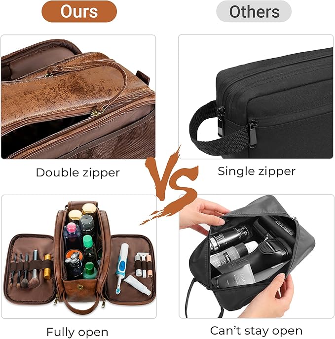 Elviros Toiletry Bag for Men, Large Travel Shaving Dopp Kit Water-resistant Bathroom Toiletries Organizer PU Leather Cosmetic Bags (Medium, Dark Brown)