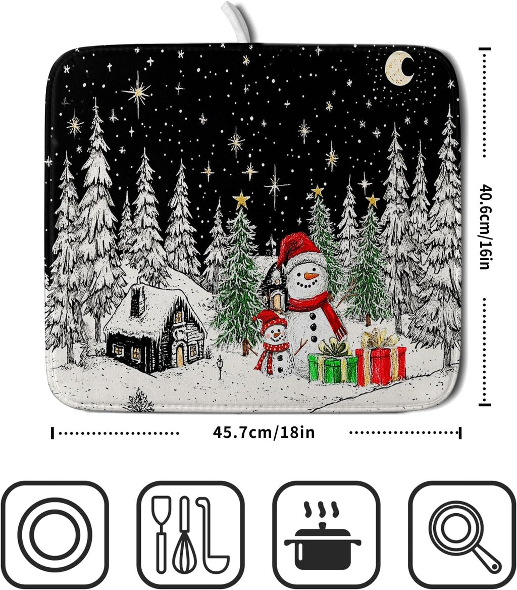 Winter Snowman Dish Drying Mat 18 X 16 in Black Microfiber Dish Pad Absorbent Holiday Kitchen Accessories