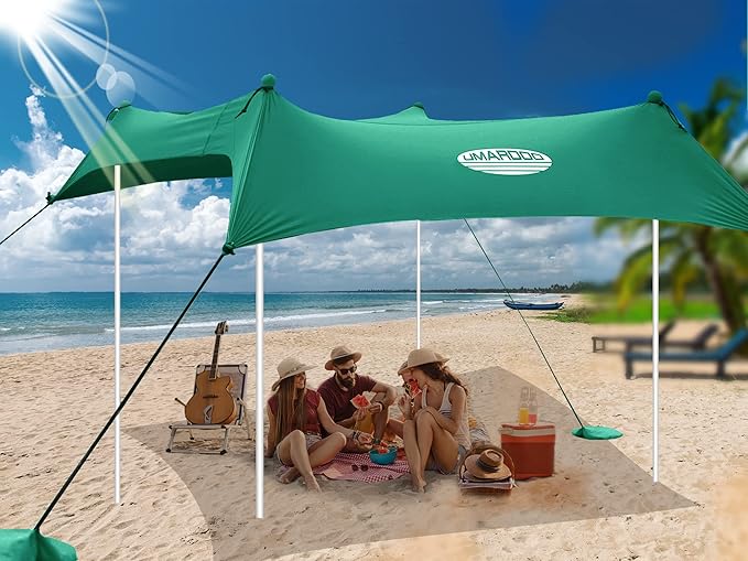 UMARDOO Family Beach Tent Canopy Sun Shade Portable, Large Compact Beach Sun Shelter Easy Setup with Packable Bag for Outdoor Travel (Green, 10X10 FT. 4Poles)