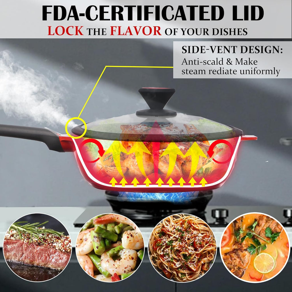 DIIG Nonstick Deep Frying Pan Skillet with Lid, 12 inch/ 5.5 QT Saute Pan with Silicone Lid, Sauce Cookware Cooking Chef Pans, Cast Aluminum Induction Compatible, Ruby Red