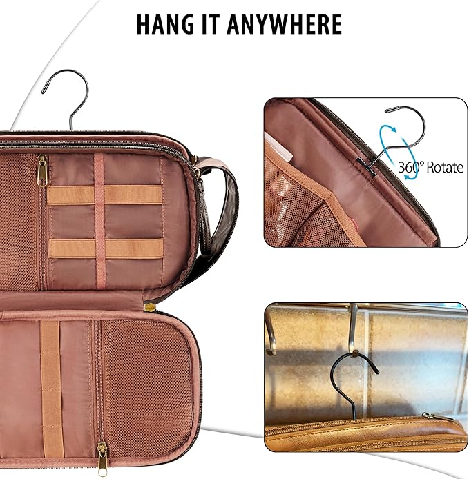 Travel Toiletry Bag for Men, Large Hanging Toiletries Organizer Bags, Cruise Ship Essentials, Water-resistant Shaving Case, PU Leather Makeup Accessories, Cosmetic Dopp Kit, Dark Brown