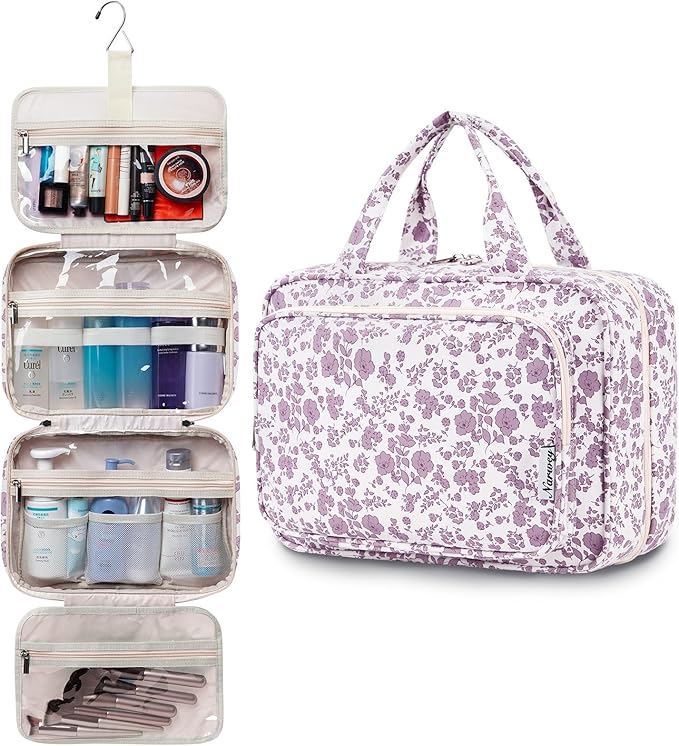 Travel Toiletry Bag for Women Large Hanging Makeup Bag Organizer Toiletries Bag for Full Size Essentials Accessories Cosmetics (Little Dusty Pink Flower (Large))