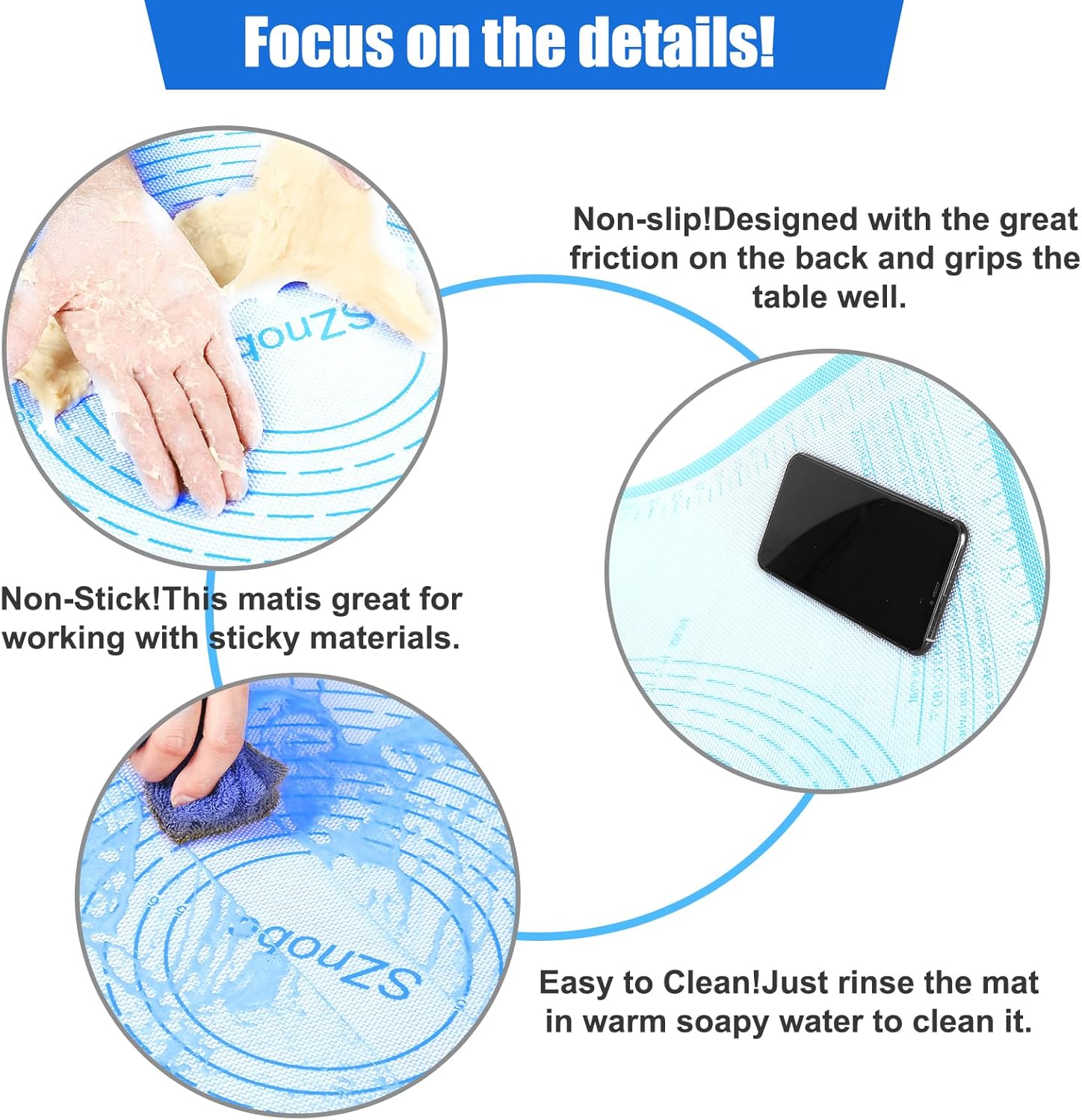 Silicone Pastry Mat 36x24 Inch Nonstick Baking Mat Perfect for Dough Mat, Pastry Board, Kitchen Counter Mat - For Dough, Pastry, Pie Crust, Fondant, Cookies, Bread, Pasta/Pizza, Blue