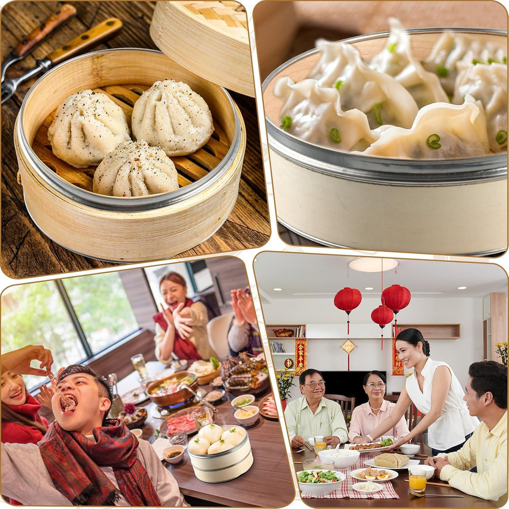 Tessco for you 59 Pcs 2 Tier 12 Inch Bamboo Steamer Basket Set Including Bamboo Steamer Stainless Steel Ring Dumpling Maker Mold and Cutter Spoon 2 Pair Chopsticks 2 Sauce Dish 50 Paper Liners