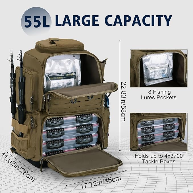 Goture IPX EVA Bottom Fishing Tackle Bag with Rod Holder, Waterproof 600D Fishing Backpack with 8 Lure Pockets & Rain Cover