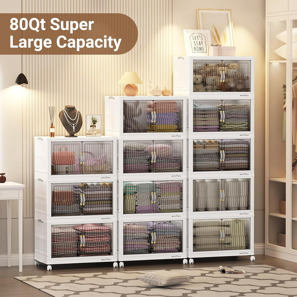 240Qt Stackable Storage Bins with Lid, Extra Large Closet Organizer Collapsible Drawer Boxes with Wheels, Folding Plastic Cabinet Containers for Home Kitchen Room Organization, 3Pack White