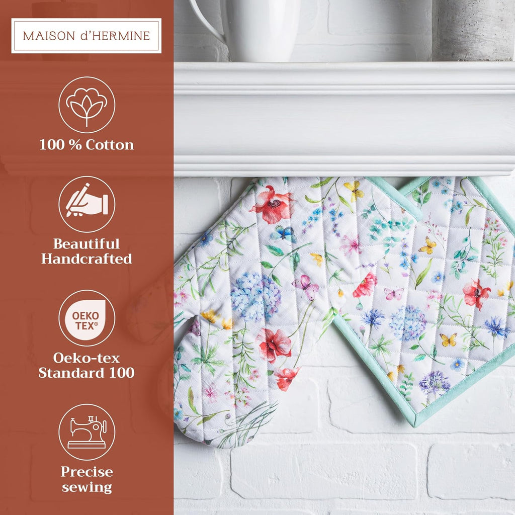 Maison d' Hermine 100% Cotton Oven Mitt & Pot Holder Set (7.5"x13" & 8"x8") Heat Resistant BBQ Cooking Gloves with Loop, Baking, Grilling, Kitchen, Handling Hot Pans Spring/Summer (Just Floral)