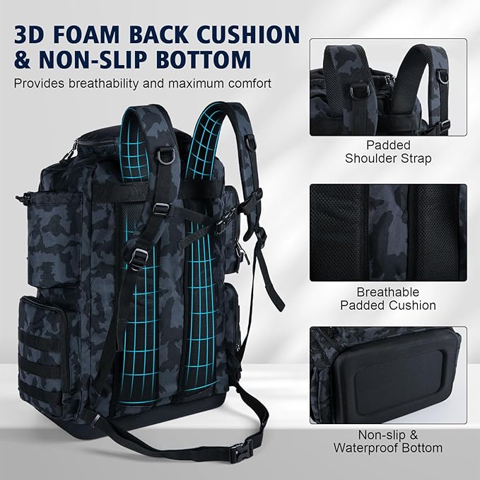 Goture IPX EVA Bottom Fishing Tackle Bag with Rod Holder, Waterproof 600D Fishing Backpack with 8 Lure Pockets & Rain Cover