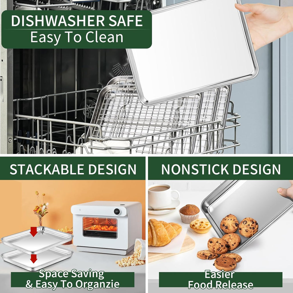 Baking Sheet with Wire Rack Set [2 Quarter Sheet Pans + 2 Wire Racks ], CEKEE Stainless Steel Cookie Sheets for Baking with Baking Rack, Non Toxic & Heavy Duty & Easy Clean, Size 12 x 10 x 1 Inch