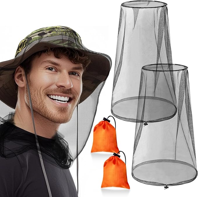 2 Pack GuoluvSoo Mosquito Head Nets with Drawstring, Premium Bug Net for Head, Universal Fit for Hats, Breathable Mosquito Net Hat, Ideal for Outdoor Adventures: Hiking, Camping, Fishing, Gardening