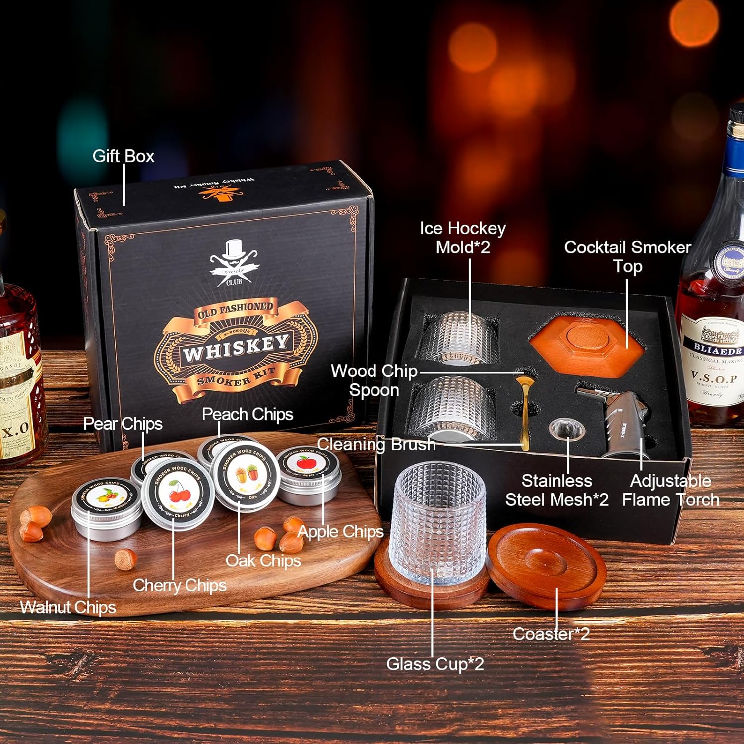 Whiskey Smoker Kit with Torch - 6 Flavors Wood Chips, 2 Rotatable Whiskey Glasses, 2 Ice Ball Molds - Cocktail Smoker Infuser Kit, Old Fashioned Smoker Kit, Birthday Gifts for Men, Dad(NO Butane)